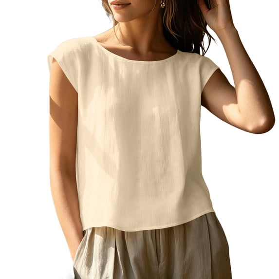 hoksml Women's Cotton Linen Cap Sleeve Top, Round Neck Casual Blouse, Loose Fit Summer Daily Office Wear Shirt