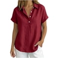 thumbnail image 1 of hoksml Women's Cotton Linen Collared Shirt, Short Sleeve Pull-On Button-Down Blouse, Loose Fit Casual Daily Office Wear Top, 1 of 7