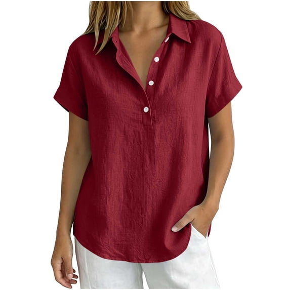hoksml Women's Cotton Linen Collared Shirt, Short Sleeve Pull-On Button-Down Blouse, Loose Fit Casual Daily Office Wear Top