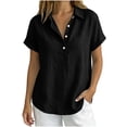 thumbnail image 1 of hoksml Women's Cotton Linen Collared Shirt, Short Sleeve Pull-On Button-Down Blouse, Loose Fit Casual Daily Office Wear Top, 1 of 7
