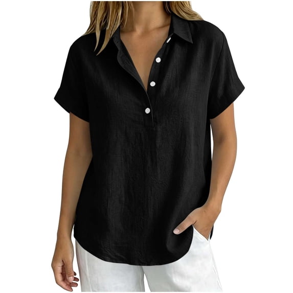 hoksml Women's Cotton Linen Collared Shirt, Short Sleeve Pull-On Button-Down Blouse, Loose Fit Casual Daily Office Wear Top