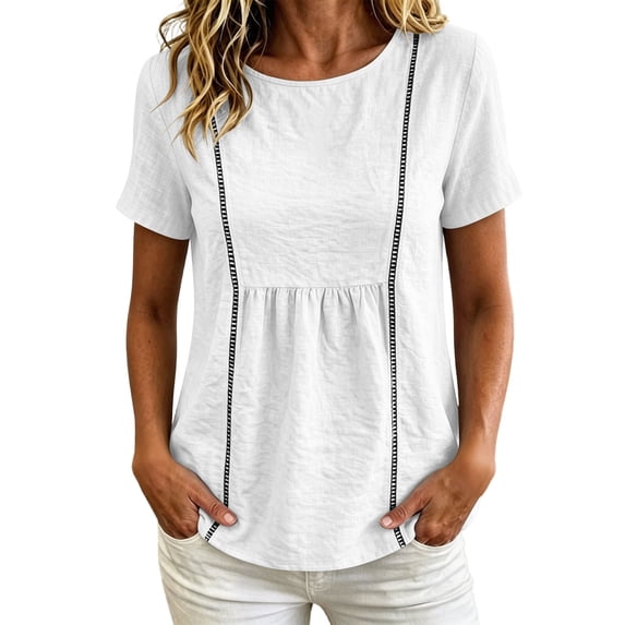 hoksml Women's Cotton Linen Peplum Blouse, Round Neck Short Sleeve Loose Fit Casual Summer Daily Wear Shirt