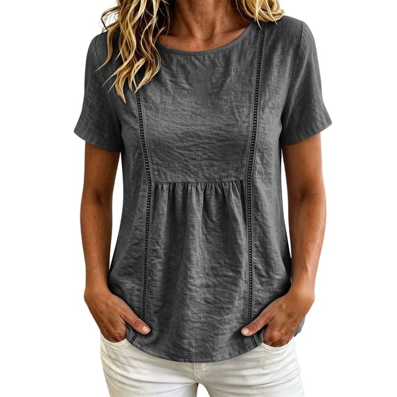 hoksml Women's Cotton Linen Peplum Blouse, Round Neck Short Sleeve Loose Fit Casual Summer Daily Wear Shirt