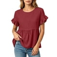 thumbnail image 1 of hoksml Women's Cotton Linen Ruffle Sleeve Peplum Blouse, Round Neck Casual Babydoll Top, Loose Fit Summer Daily Office Wear Shirt, 1 of 7