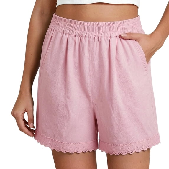 hoksml Women's Cotton Linen Shorts, Elastic Waist Lace Trim Casual Shorts, Loose Fit Pull-On Shorts with Side Pockets