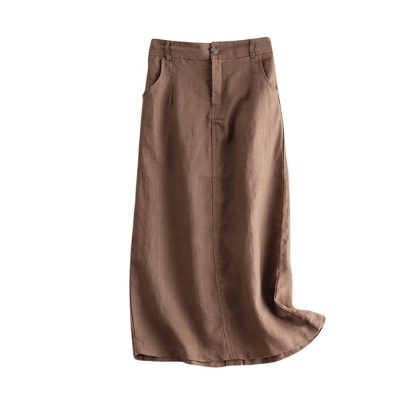 hoksml Women's Cotton Linen Skirt Soft A-line Retro Casual Skirt Midi Skirt with Pockets on Clearance