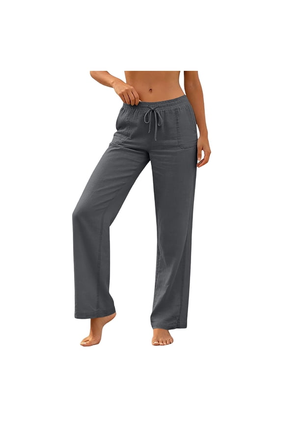 Women's Cotton Linen Straight Leg Pants Elastic Drawstring Waist Casual Loose Trousers with Pockets