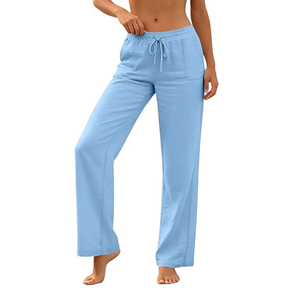 hoksml Women's Cotton Linen Straight Leg Pants Elastic Drawstring Waist Casual Loose Trousers with Pockets