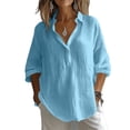 thumbnail image 1 of hoksml Women's Cotton Linen V Neck Blouse, Roll-Up Sleeve Henley Casual Shirt, Loose Fit Top for Daily and Office Wear, 1 of 9