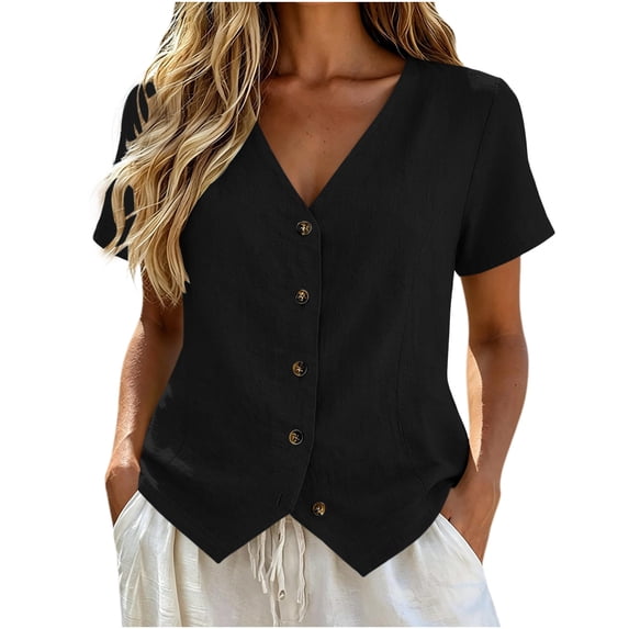 hoksml Women's Cotton Linen V Neck Short Sleeve Blouse, Button-Down Casual Shirt, Slim Fit Top for Daily and Summer Wear