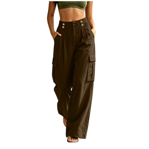 hoksml Women's Cotton Linen Wide Leg Cargo Pants, High Waist Button Drawstring Pants with Multi Pockets for Street and Daily Wear