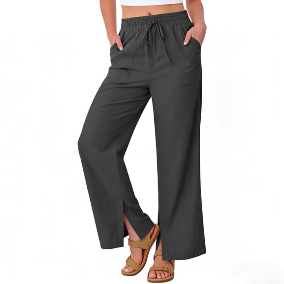 hoksml Women's Cotton Side Slit Wide Leg Pants Elastic Waist Drawstring Casual Trousers with Pockets