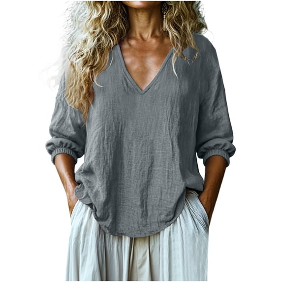 hoksml Women's Cotton V Neck Blouse, 3/4 Puff Sleeve Crinkle Top, Loose Casual Shirt for Daily and Summer Wear