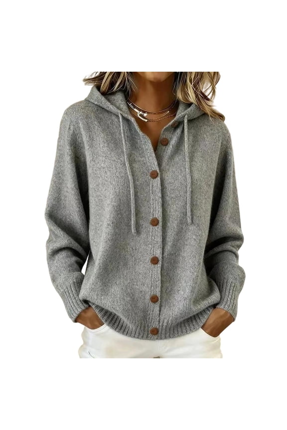 Women's Cozy Hooded Cardigan Sweater, Drawstring Hood with Button Front Closure and Ribbed Hem, Relaxed Knit Outerwear for Fall Winter