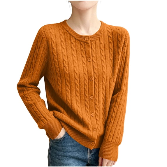 hoksml Women's Crew Neck Cable Knit Cardigan, Button Front Long Sleeve Casual Sweater, Solid Colors