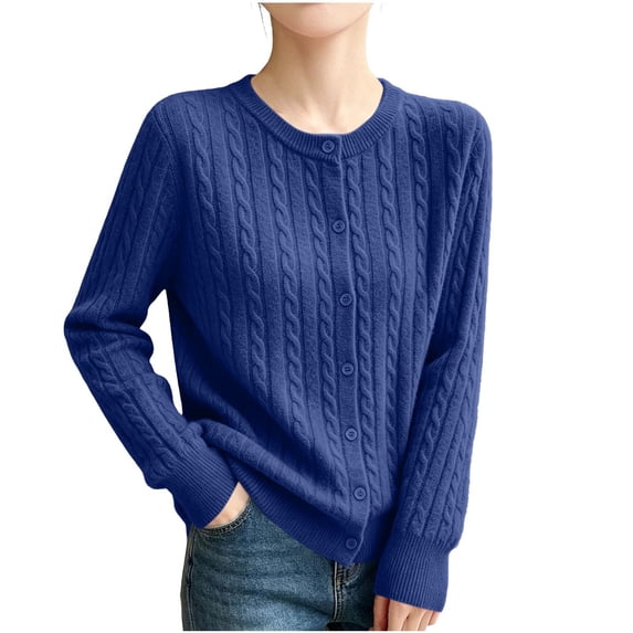 hoksml Women's Crew Neck Cable Knit Cardigan, Button Front Long Sleeve Casual Sweater, Solid Colors