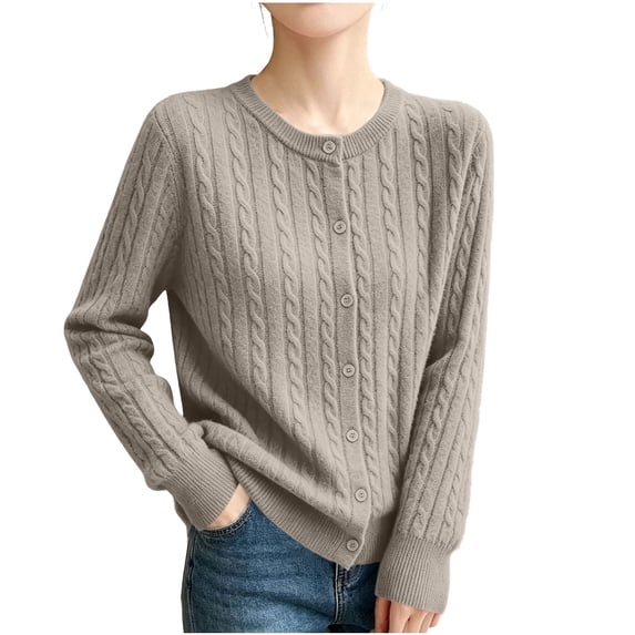 hoksml Women's Crew Neck Cable Knit Cardigan, Button Front Long Sleeve Casual Sweater, Solid Colors