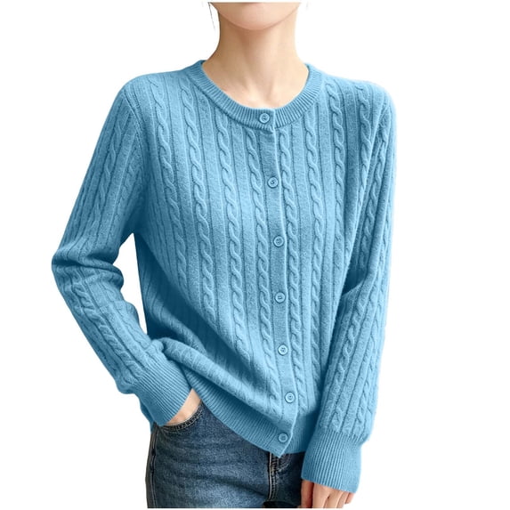 hoksml Women's Crew Neck Cable Knit Cardigan, Button Front Long Sleeve Casual Sweater, Solid Colors