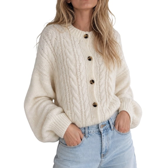 hoksml Women's Crew Neck Cable Knit Cardigan, Wooden Button Front with Puff Long Sleeve, Loose Cropped Sweater Jacket for Daily Layering