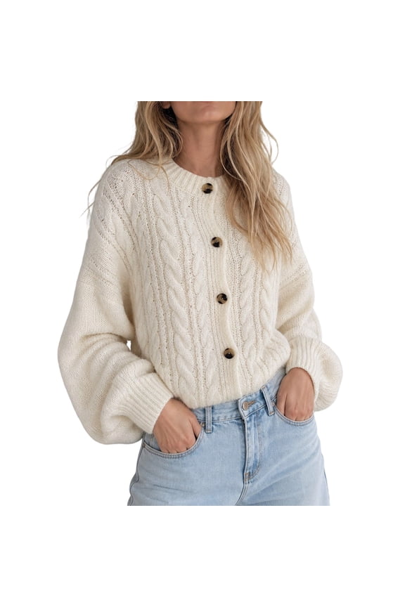 Women's Crew Neck Cable Knit Cardigan, Wooden Button Front with Puff Long Sleeve, Loose Cropped Sweater Jacket for Daily Layering