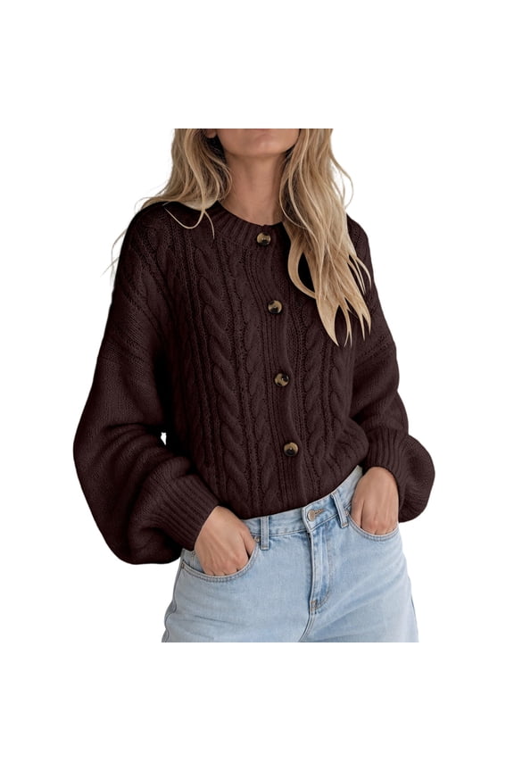 Women's Crew Neck Cable Knit Cardigan, Wooden Button Front with Puff Long Sleeve, Loose Cropped Sweater Jacket for Daily Layering
