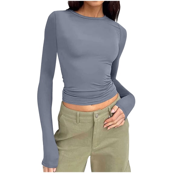 hoksml Women's Crew Neck Long Sleeve Fitted Crop Top Stretchy Solid Color Basic T-Shirt for Everyday Wear and Layering
