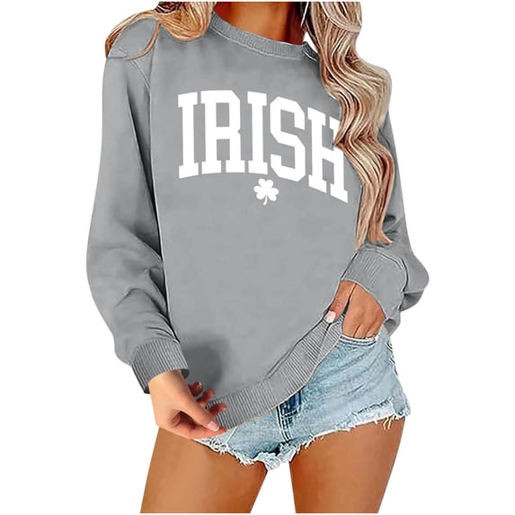 hoksml Women's Crew Neck Long Sleeve Sweatshirt Irish Shamrock Print St. Patrick's Day Casual Pullover Top