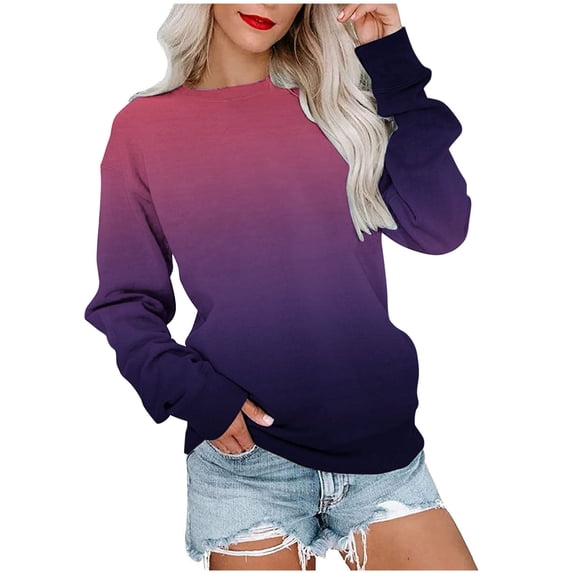 hoksml Women's Crew Neck Long Sleeve Sweatshirt Ombre Gradient Print Casual Pullover Top for Everyday Wear