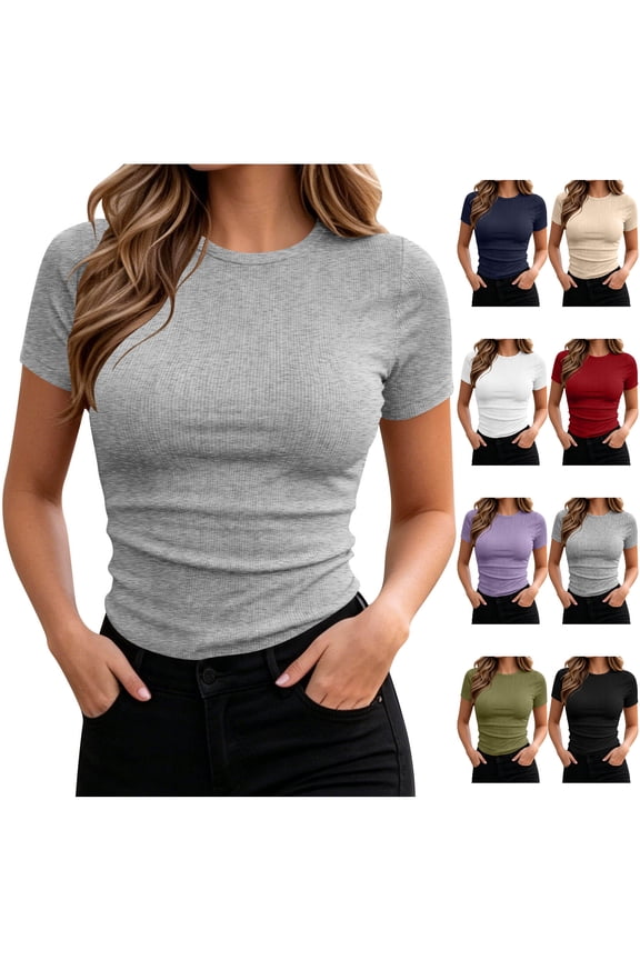 Women's Crew Neck Ribbed Knit T-Shirt, Short Sleeve Slim Fit Basic Casual Tee for Daily Office Wear