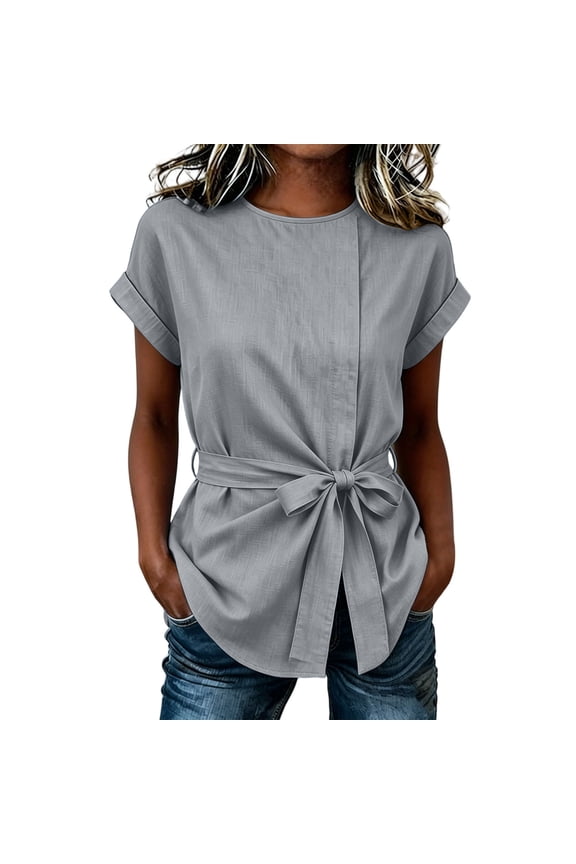 Women's Crew Neck Rolled Short Sleeve Tie Waist Blouse, Casual Wrap Front Tunic Top