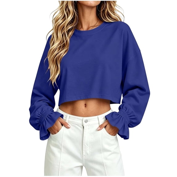 hoksml Women's Crew Neck Ruffle Cuff Long Sleeve Cropped Sweatshirt Loose Casual Pullover Street Top