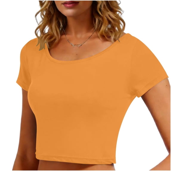 hoksml Women's Crew Neck Short Sleeve Fitted Crop Top Solid Color Basic T-Shirt for Everyday Wear and Layering