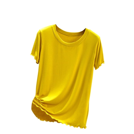 hoksml Women's Crew Neck Short Sleeve Modal T-Shirt with Ruffled Hem and Cuffs Soft Solid Color Casual Top for Everyday Wear