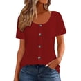 thumbnail image 1 of hoksml Women's Crew Neck Short Sleeve Ribbed Knit Blouse with Button Front Detail Loose Fit Casual Top for Everyday Wear, 1 of 5