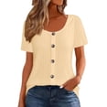 thumbnail image 1 of hoksml Women's Crew Neck Short Sleeve Ribbed Knit Blouse with Button Front Detail Loose Fit Casual Top for Everyday Wear, 1 of 5
