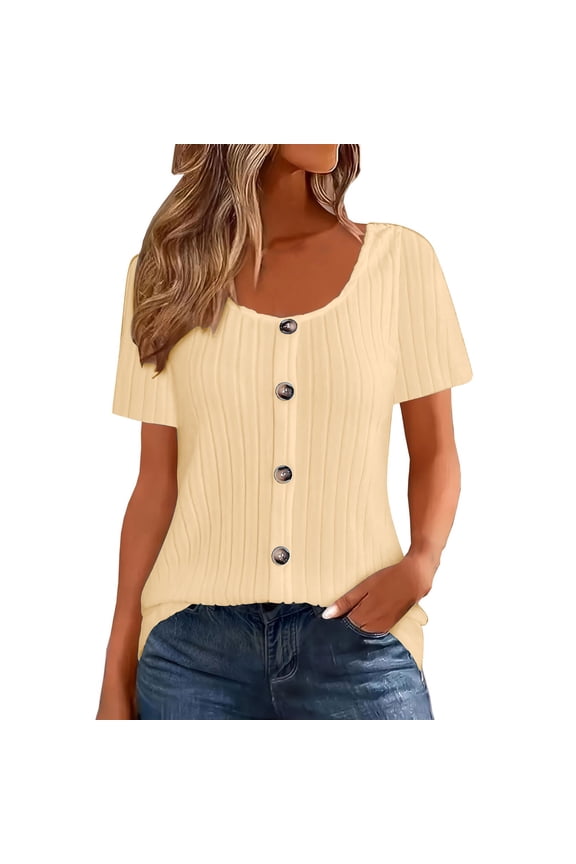 Women's Crew Neck Short Sleeve Ribbed Knit Blouse with Button Front Detail Loose Fit Casual Top for Everyday Wear