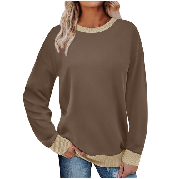 hoksml Women's Crewneck Sweatshirts Fall Winter Long Sleeved Solid Color Pullover Top T Shirts Comfortable Soft Bottom Shirt