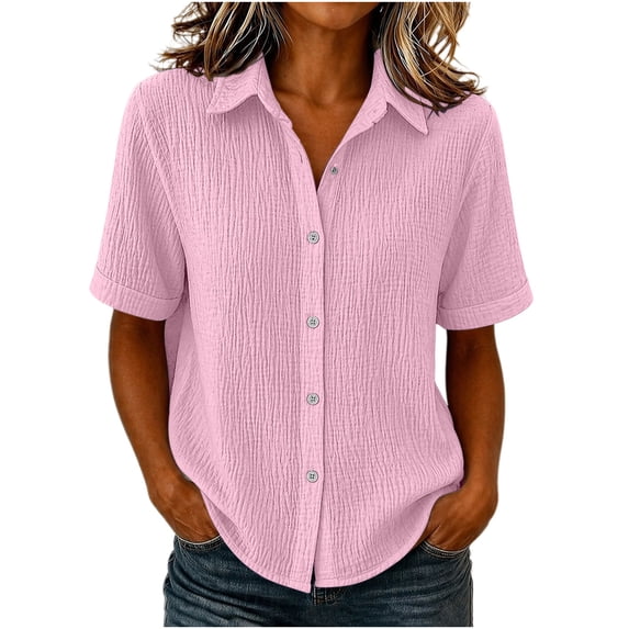 hoksml Women's Crinkle Button Down Shirt, Short Sleeve Collared Blouse, Casual Loose Fit Top for Daily and Office Wear