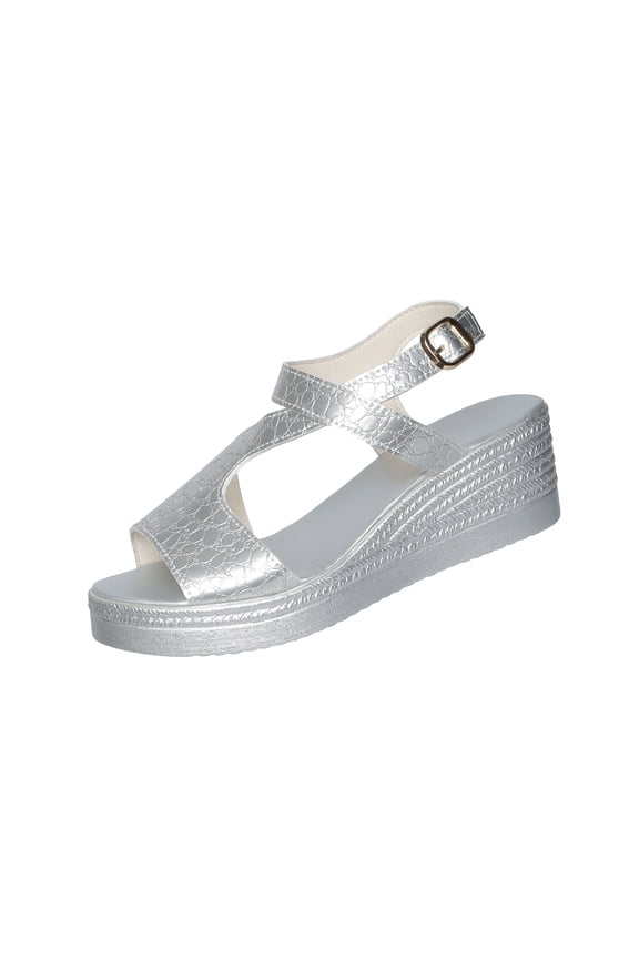 Women's Crisscross Wedge Sandals, Open Toe, 2.16in Buckle Slingback, Metallic Textured Print Wedges