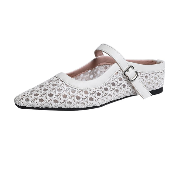 hoksml Women's Crochet Pointed Toe Mules, Adjustable Buckle Strap, Low Heel Casual Shoes
