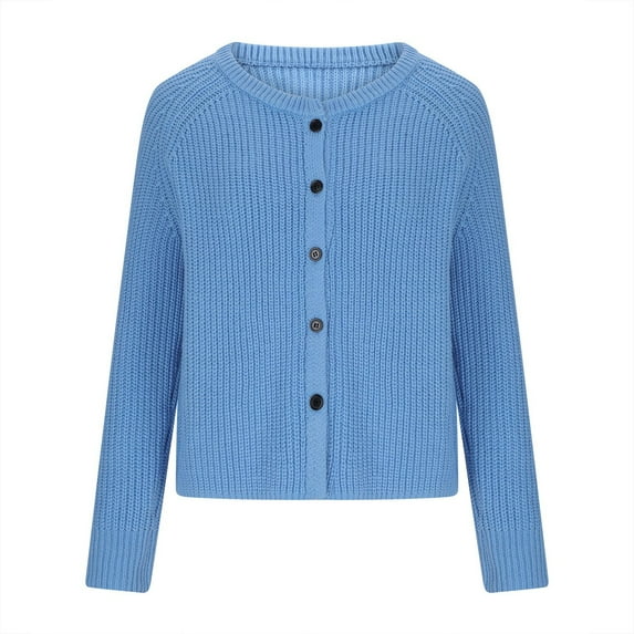 hoksml Women's Cropped Button Sweater Casual Crewneck Solid Color Long Sleeve Knit Cardigan Fashion Short Open Front Top