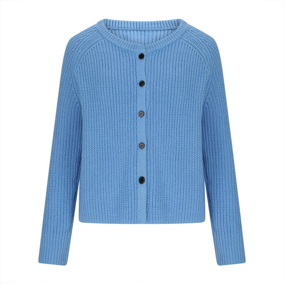 hoksml Women's Cropped Button Sweater Casual Crewneck Solid Color Long Sleeve Knit Cardigan Fashion Short Open Front Top