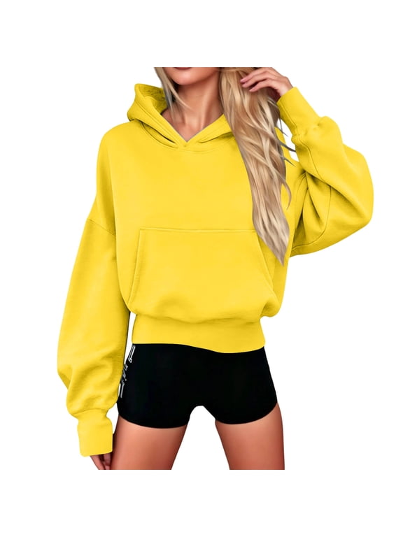 Women's Cropped Hoodie Loose Long Sleeve Kangaroo Pocket Casual Everyday Sweatshirt Soft Comfy Relaxed