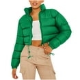 thumbnail image 1 of hoksml Women's Cropped Puffer Jacket with Drawstring Hem, Stand Collar Boxy Zip Front Casual Streetwear Short Jacket, 1 of 5