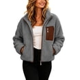 thumbnail image 1 of hoksml Women's Cropped Sherpa Fleece Jacket Full Zip Stand Collar with Contrast Pockets Teddy Coat for Daily Comfort, 1 of 7