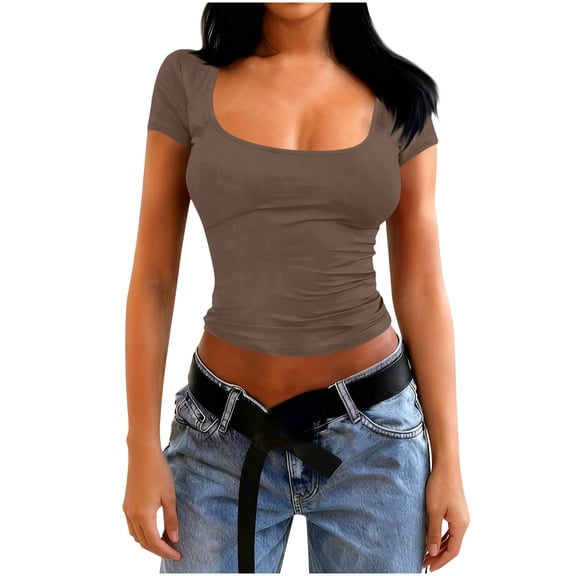 hoksml Women's Cropped Short Sleeve T-Shirt Fashion Summer Solid Color Square Neck Slim Fit Pullover Soft Comfortable Top