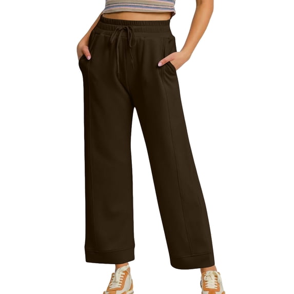 hoksml Women's Cropped Wide Leg Sweatpants Elastic Waist with Drawstring and Pockets Loose Fit Casual Trousers for Daily and Lounge Wear Multiple Colors Available
