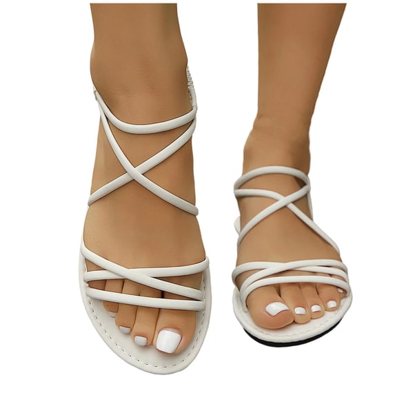 hoksml Women's Cross Strap Flat Sandals, Elastic Ankle Strap Open Toe Summer Shoes, Black Beige White Brown