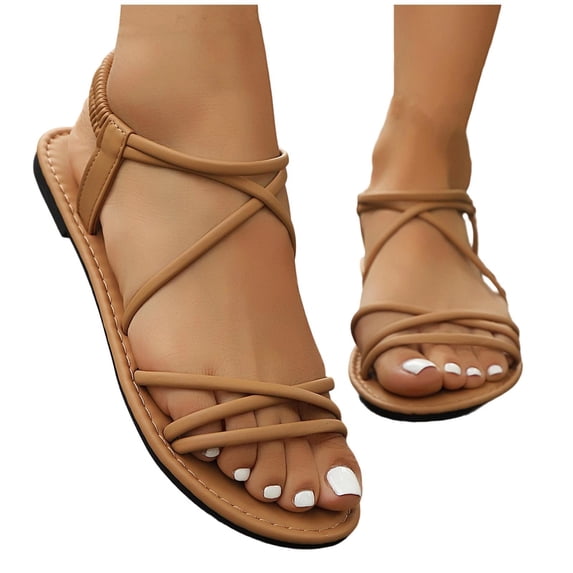 hoksml Women's Cross Strap Flat Sandals, Elastic Ankle Strap Open Toe Summer Shoes, Black Beige White Brown