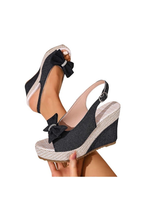 Women's Denim Bow Wedge Flatform Shoes, Open Toe Slingback Espadrille Flats for Summer Dressy Casual Wear, Black and Blue
